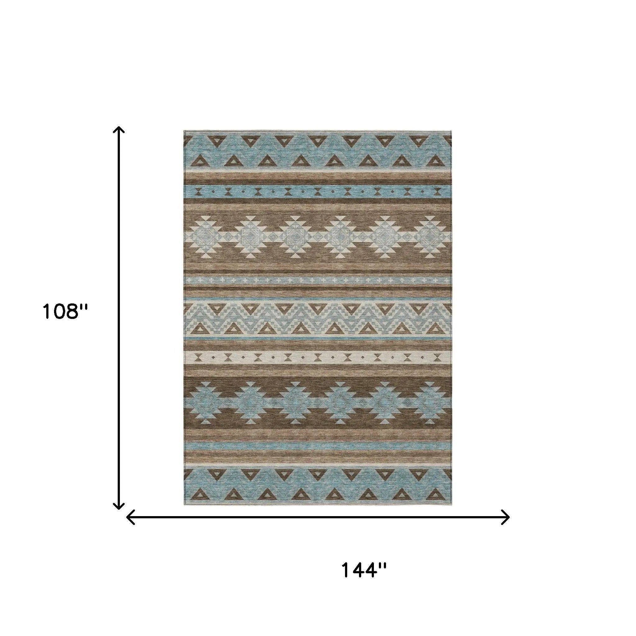 9' X 12' Chocolate And Teal Blue Southwestern Washable Indoor Outdoor Area Rug Homeroots Outdoor