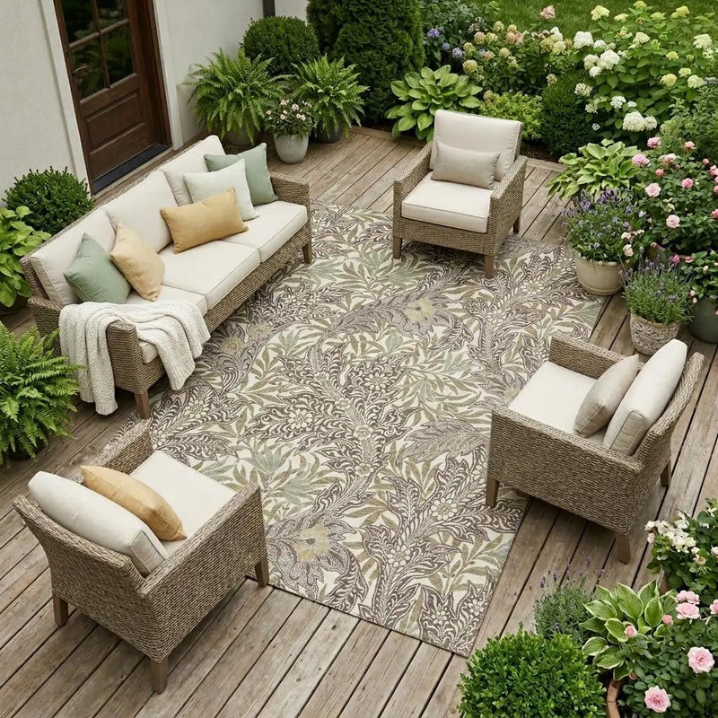 9' X 12' Coffee And Brown Botanical Leaves Washable Indoor Outdoor Area Rug Homeroots Outdoor