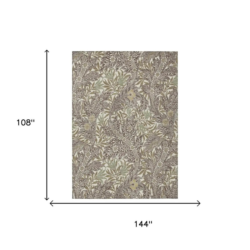9' X 12' Coffee And Brown Botanical Leaves Washable Indoor Outdoor Area Rug Homeroots Outdoor