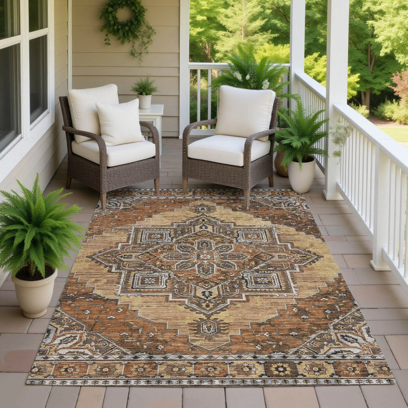 9' X 12' Copper And Beige Oriental Washable Indoor Outdoor Area Rug Homeroots Outdoor