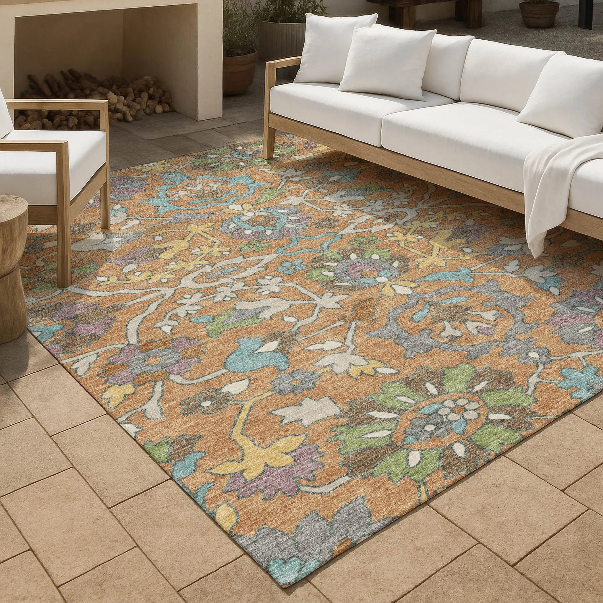 9' X 12' Copper And Blue Floral Washable Indoor Outdoor Area Rug Homeroots Outdoor