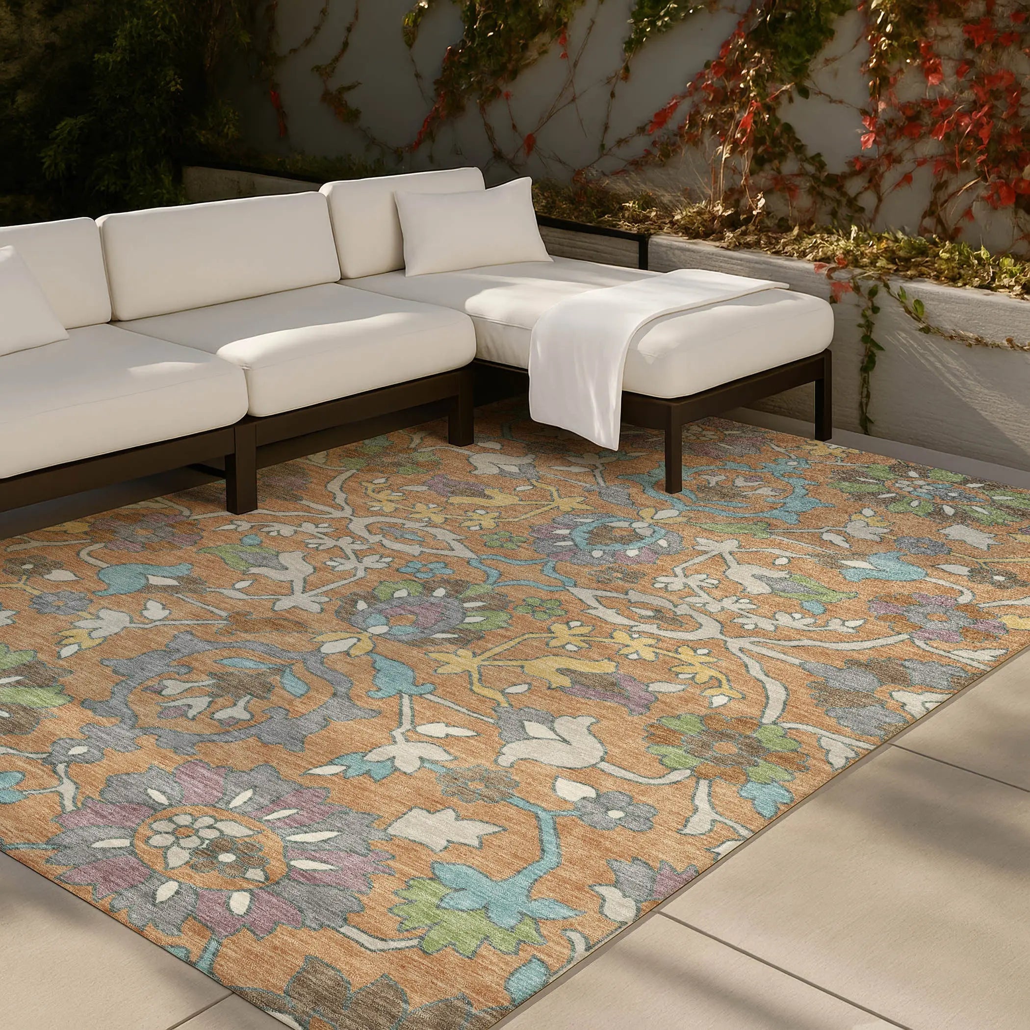 9' X 12' Copper And Blue Floral Washable Indoor Outdoor Area Rug Homeroots Outdoor