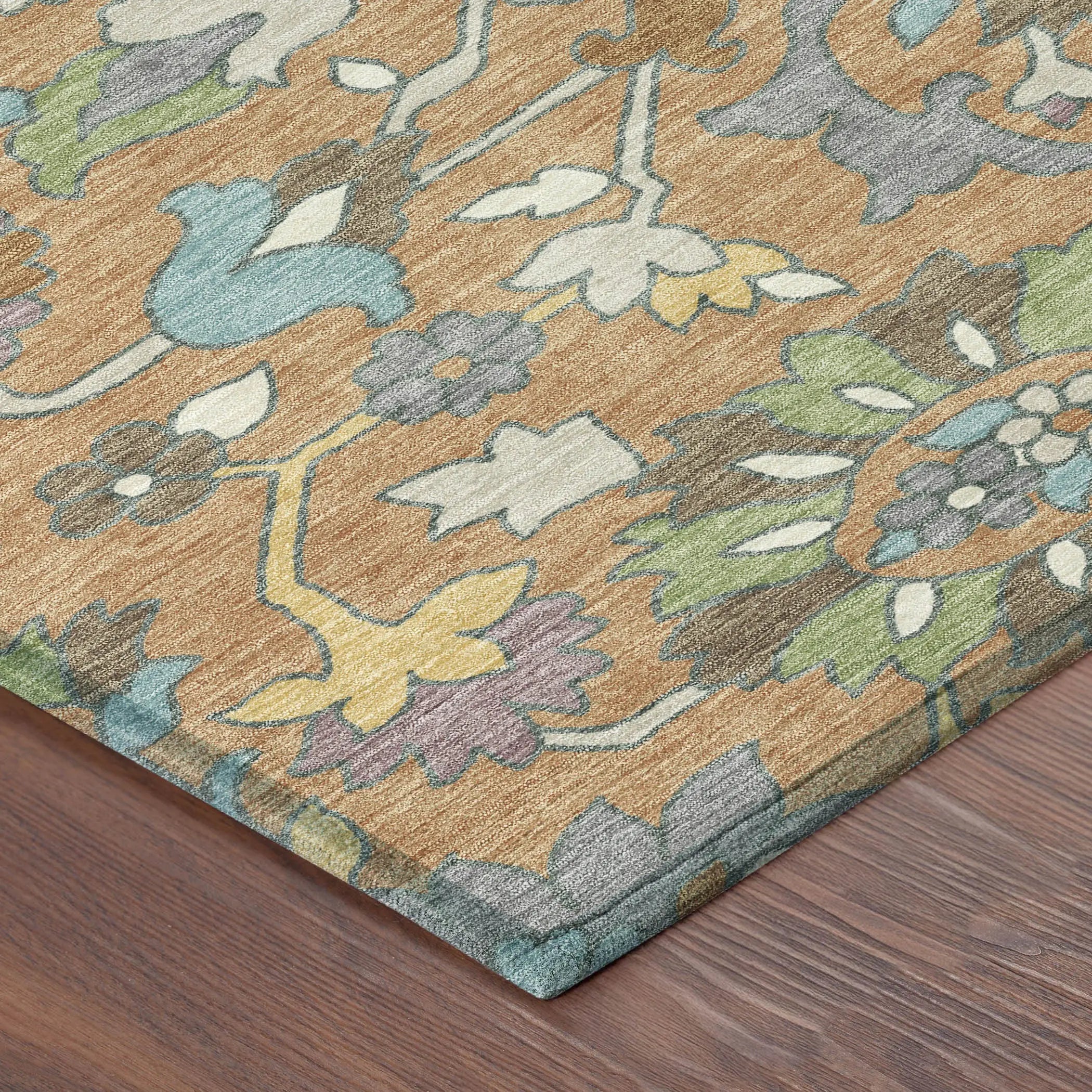9' X 12' Copper And Blue Floral Washable Indoor Outdoor Area Rug Homeroots Outdoor
