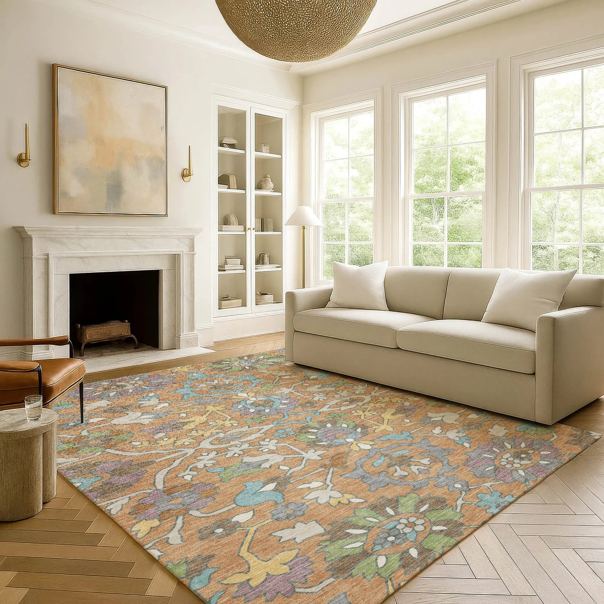 9' X 12' Copper And Blue Floral Washable Indoor Outdoor Area Rug Homeroots Outdoor