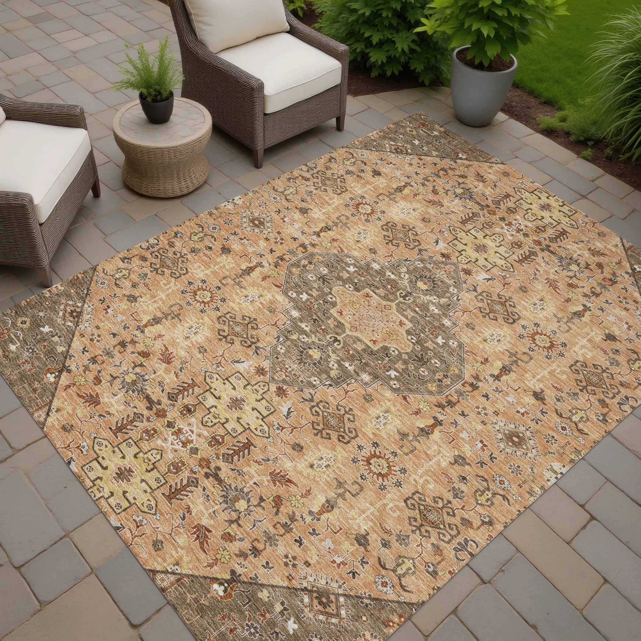 9' X 12' Copper And Blue Medallion Washable Indoor Outdoor Area Rug Homeroots Outdoor