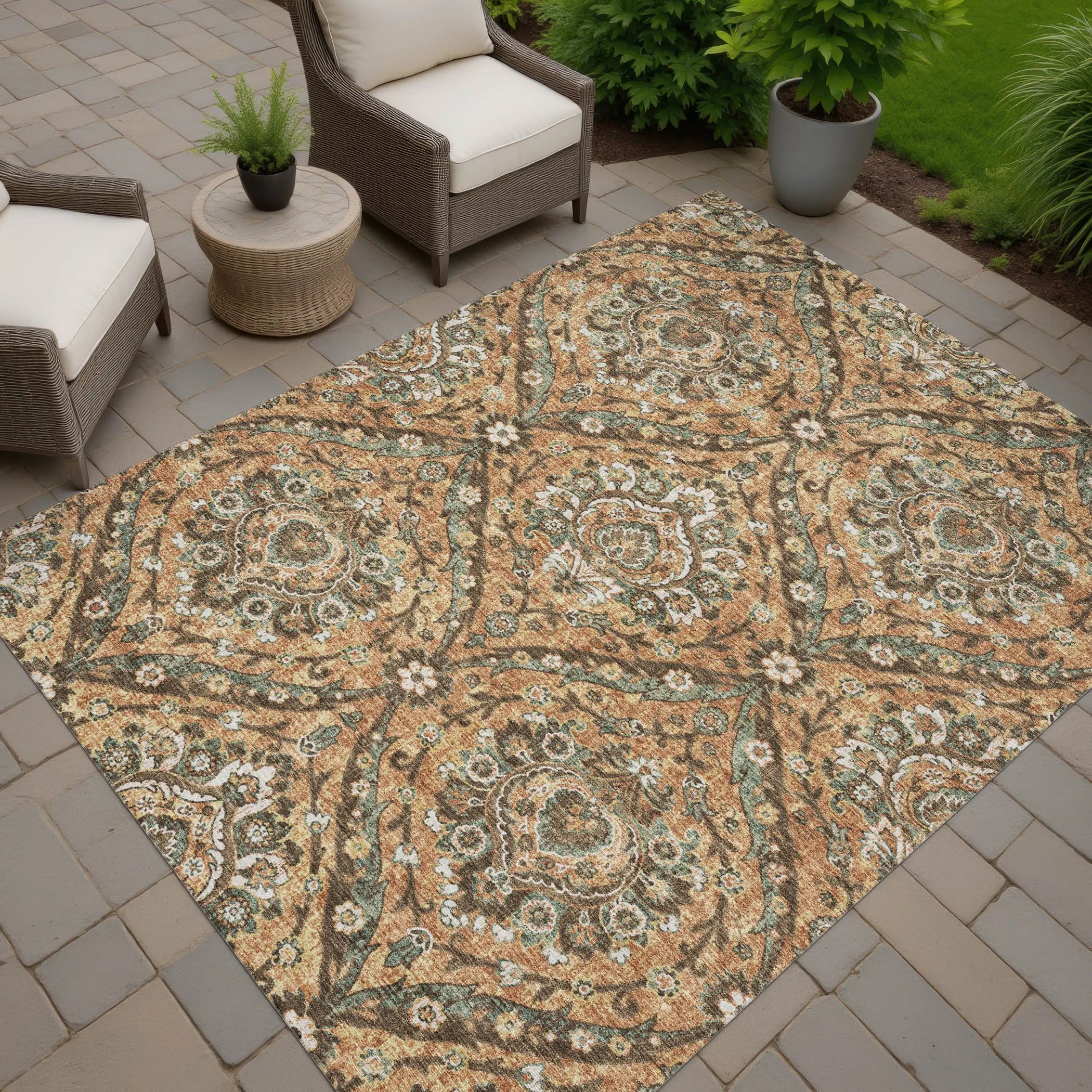 9' X 12' Copper And Gold Floral Washable Indoor Outdoor Area Rug Homeroots Outdoor