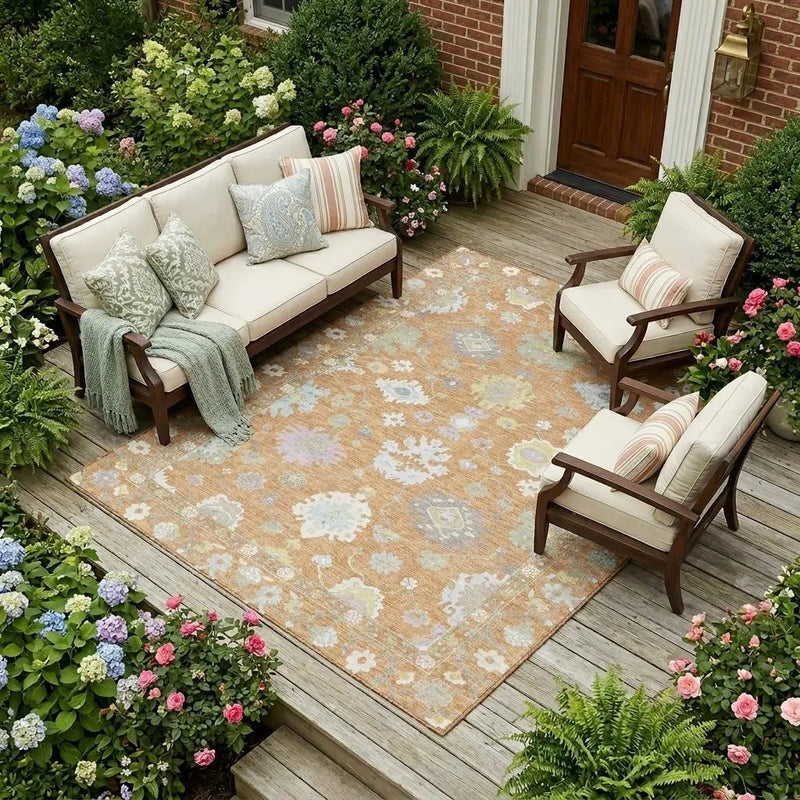9' X 12' Copper And Gold Oriental Washable Indoor Outdoor Area Rug Homeroots Outdoor