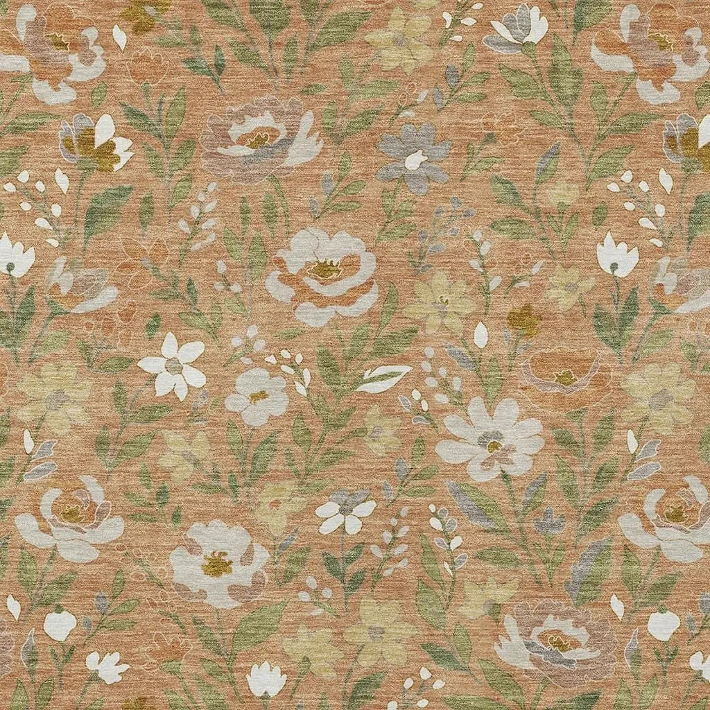 9' X 12' Copper And Green Floral Washable Indoor Outdoor Area Rug Homeroots Outdoor