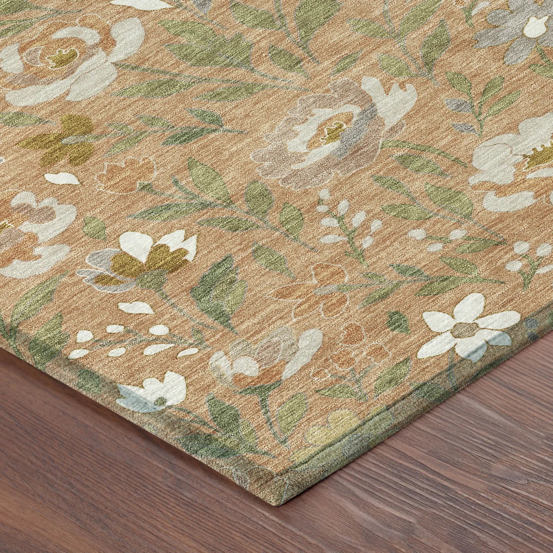 Floral area rug in warm beige with green and white blooms, perfect for adding a cozy touch to your home decor.