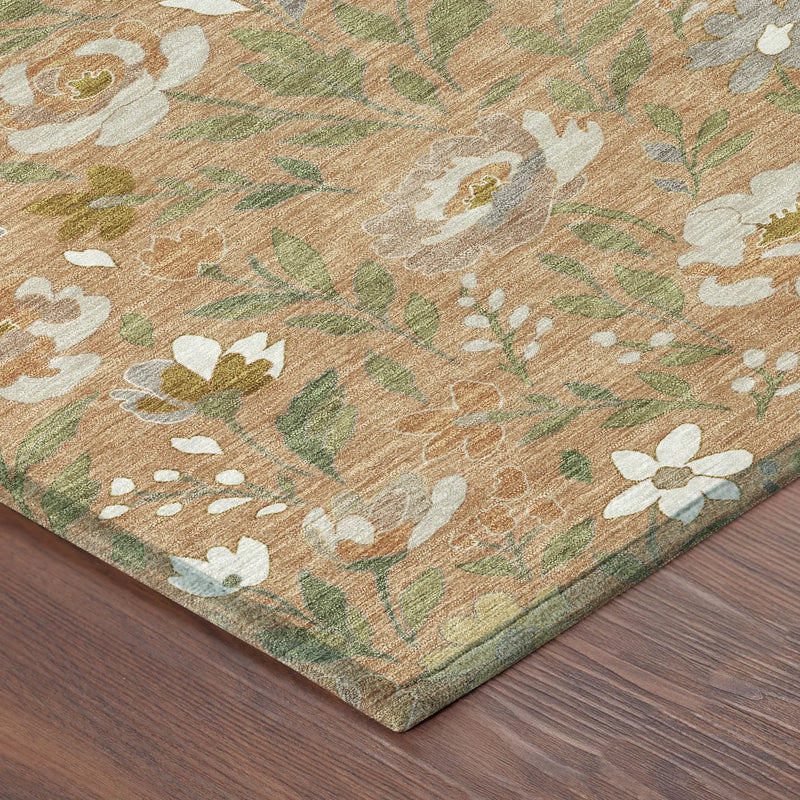 Floral area rug in warm beige with green and white blooms, perfect for adding a cozy touch to your home decor.