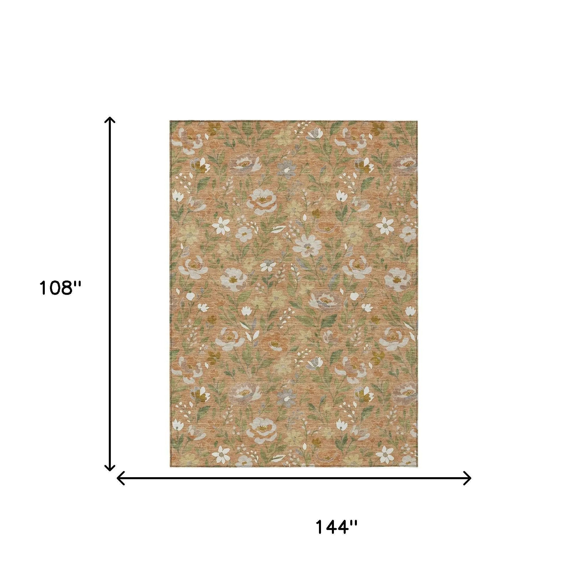 Floral area rug in warm beige and soft green, made of durable fabric, 108"x144", ideal for home decor.