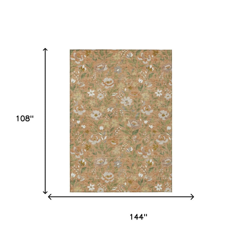 Floral area rug in warm beige and soft green, made of durable fabric, 108"x144", ideal for home decor.