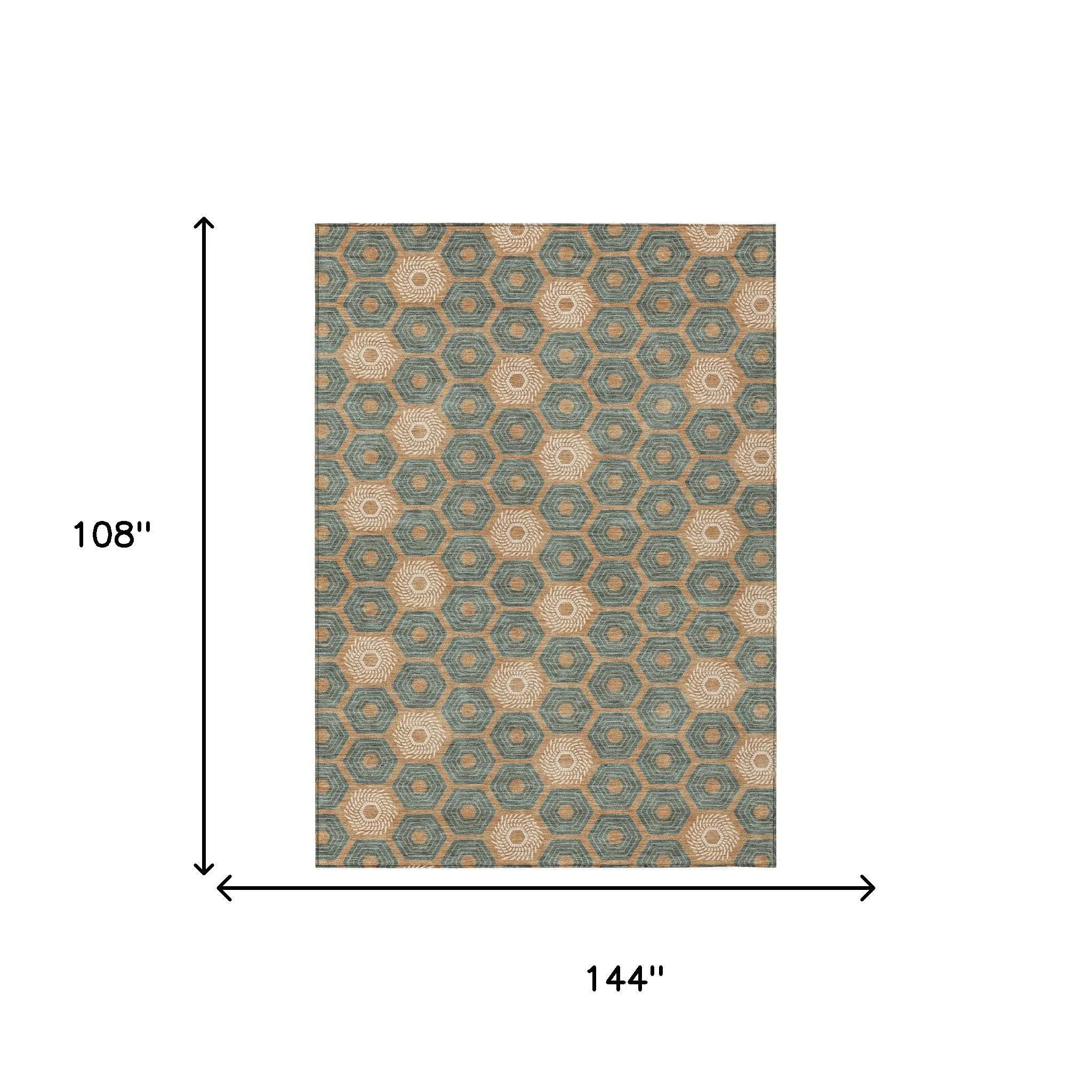 9' X 12' Copper And Green Geometric Washable Indoor Outdoor Area Rug Homeroots Outdoor