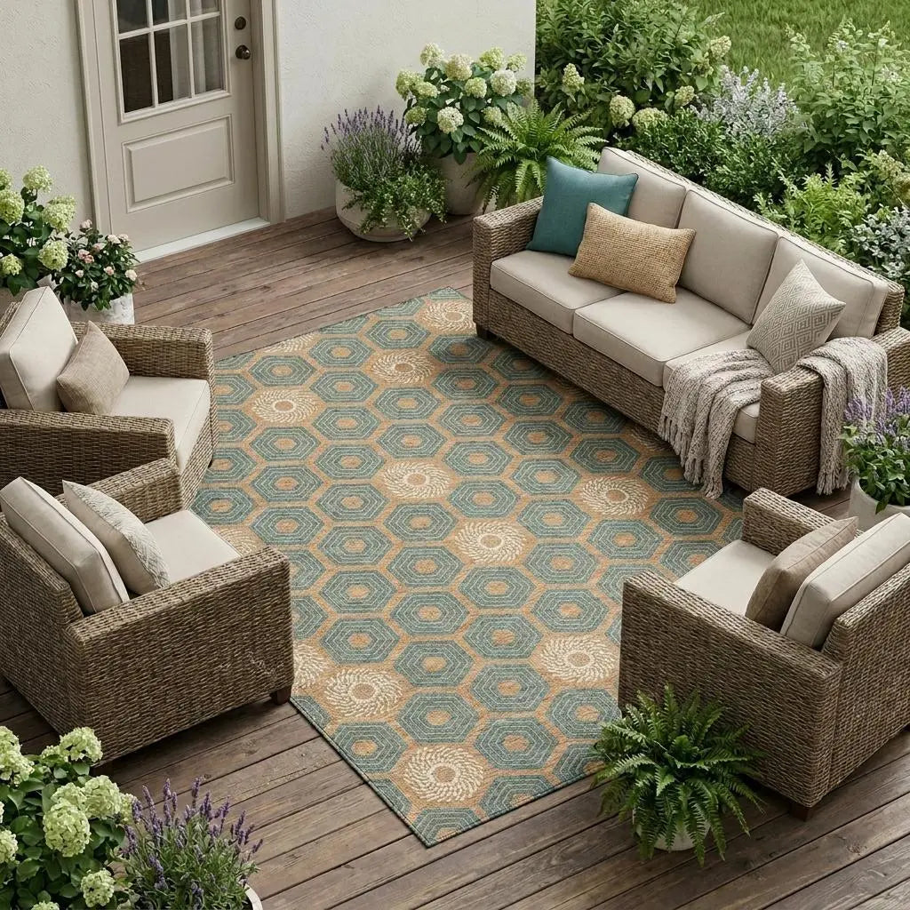 9' X 12' Copper And Green Geometric Washable Indoor Outdoor Area Rug Homeroots Outdoor