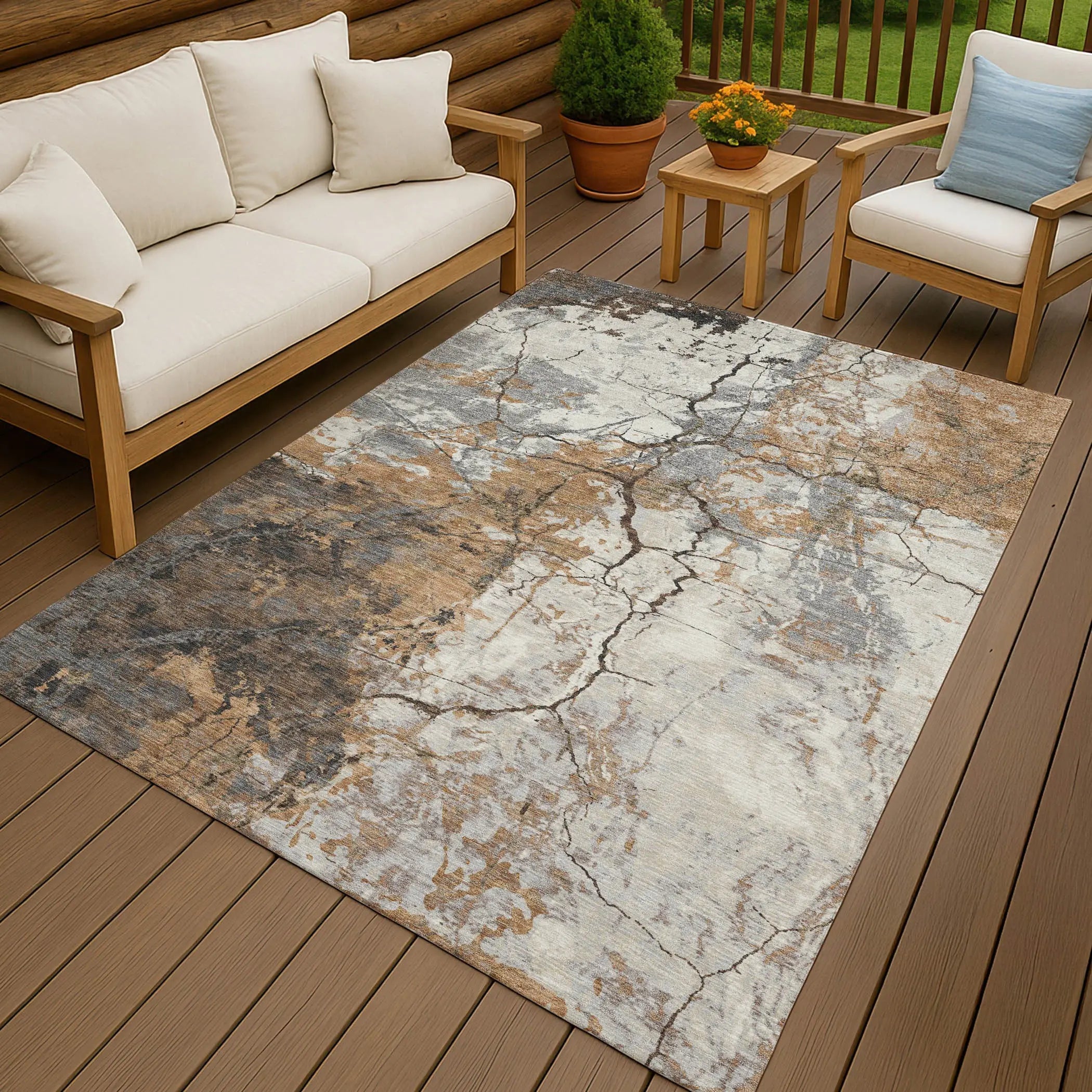 9' X 12' Copper And Ivory Abstract Washable Indoor Outdoor Area Rug Homeroots Outdoor