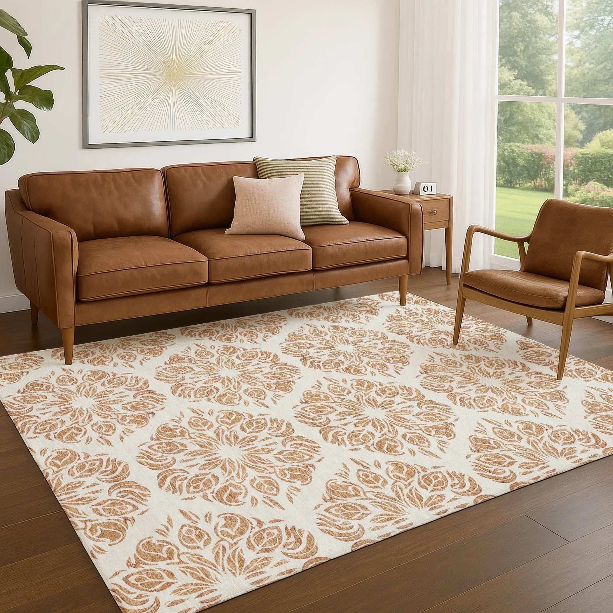 9' X 12' Copper And Ivory Damask Washable Indoor Outdoor Area Rug Homeroots Outdoor