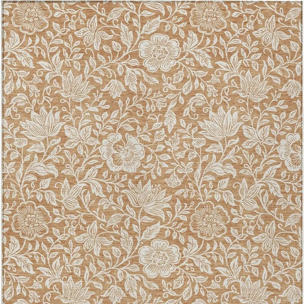 9' X 12' Copper And Ivory Floral Washable Indoor Outdoor Area Rug Homeroots Outdoor