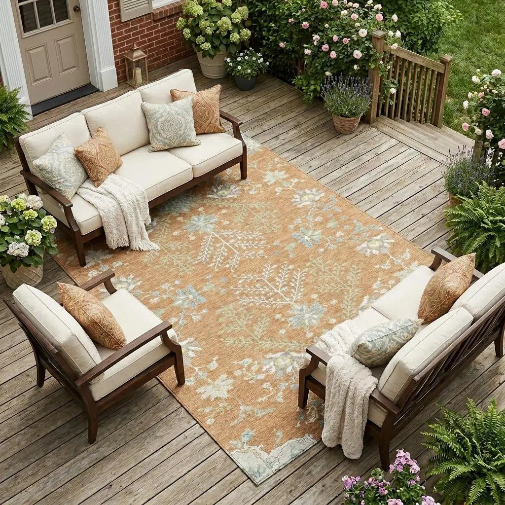 9' X 12' Copper And Ivory Oriental Washable Indoor Outdoor Area Rug Homeroots Outdoor