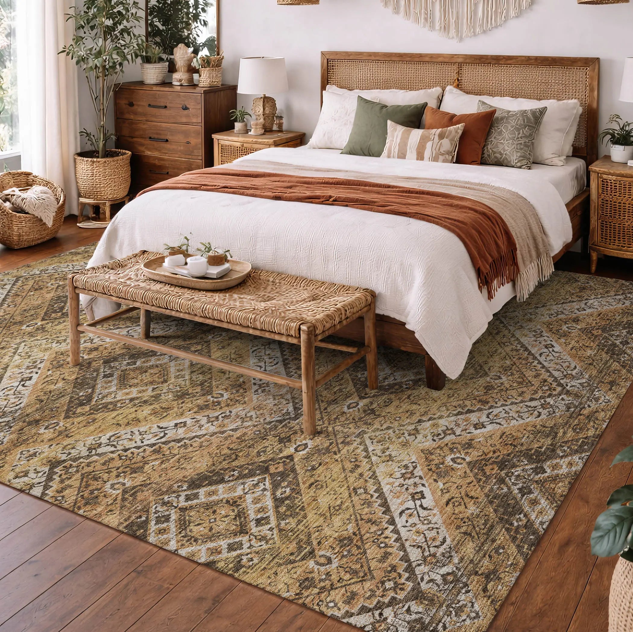 9' X 12' Copper And Khaki Tribal Washable Indoor Outdoor Area Rug Homeroots Outdoor