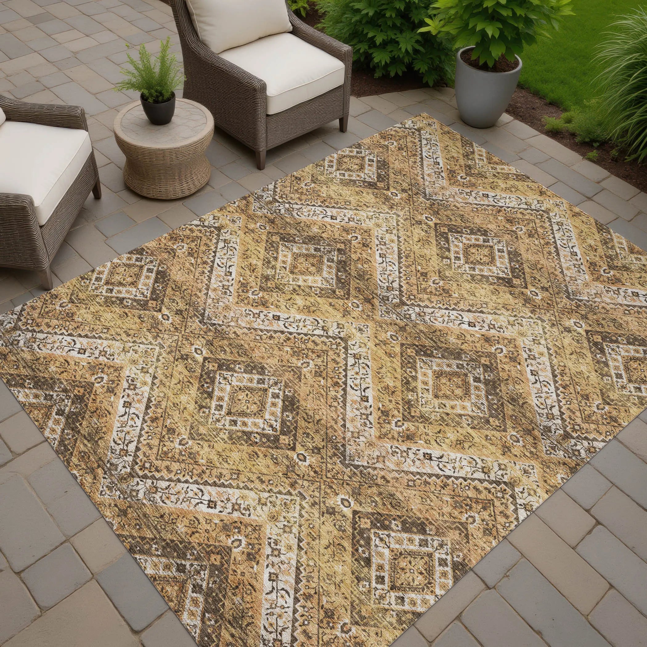 9' X 12' Copper And Khaki Tribal Washable Indoor Outdoor Area Rug Homeroots Outdoor