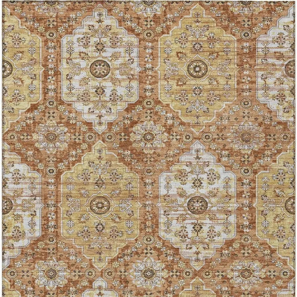 9' X 12' Copper And Orange Damask Washable Indoor Outdoor Area Rug Homeroots Outdoor
