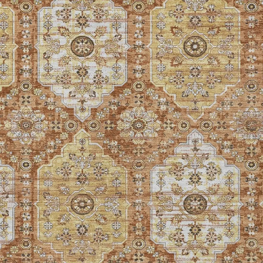 9' X 12' Copper And Orange Damask Washable Indoor Outdoor Area Rug Homeroots Outdoor