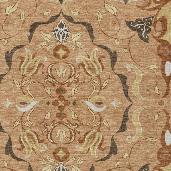 9' X 12' Copper And Orange Damask Washable Indoor Outdoor Area Rug Homeroots Outdoor