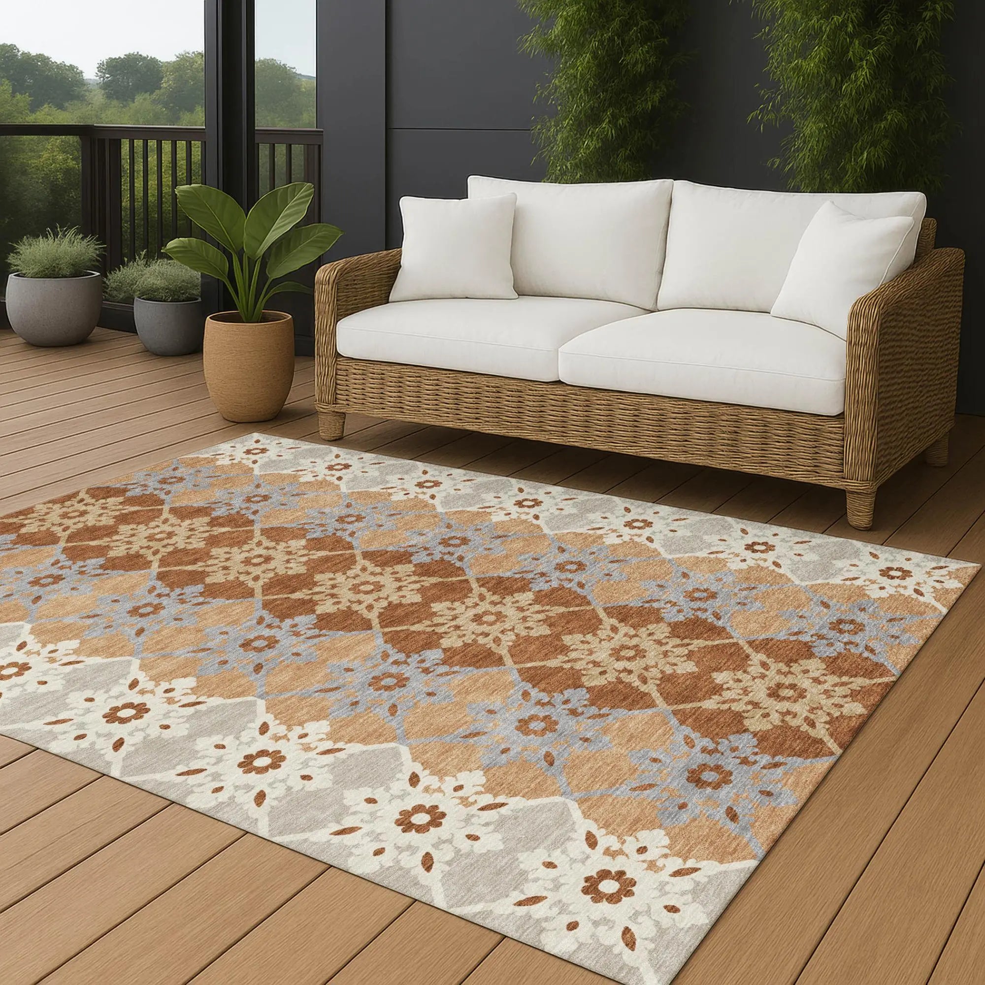 9' X 12' Copper And Orange Floral Medallion Washable Indoor Outdoor Area Rug Homeroots Outdoor