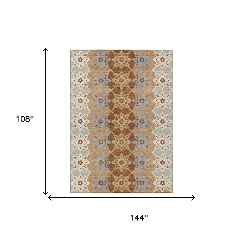 9' X 12' Copper And Orange Floral Medallion Washable Indoor Outdoor Area Rug Homeroots Outdoor