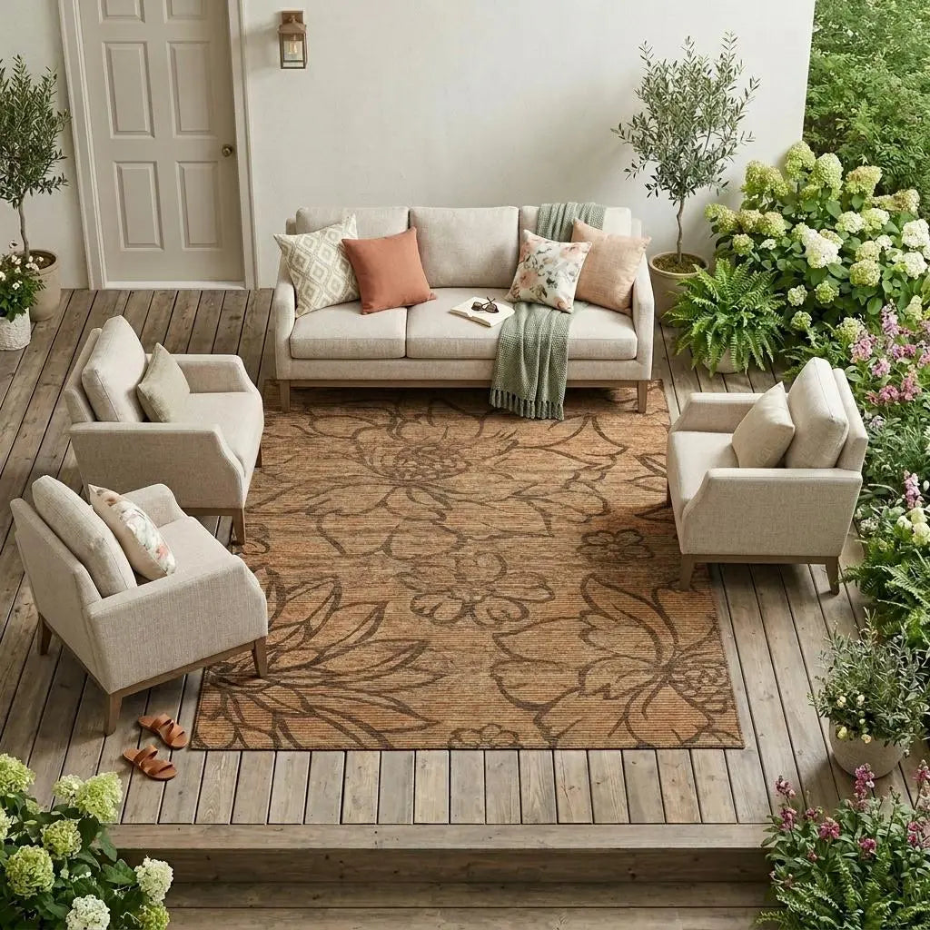 9' X 12' Copper And Orange Floral Washable Indoor Outdoor Area Rug Homeroots Outdoor