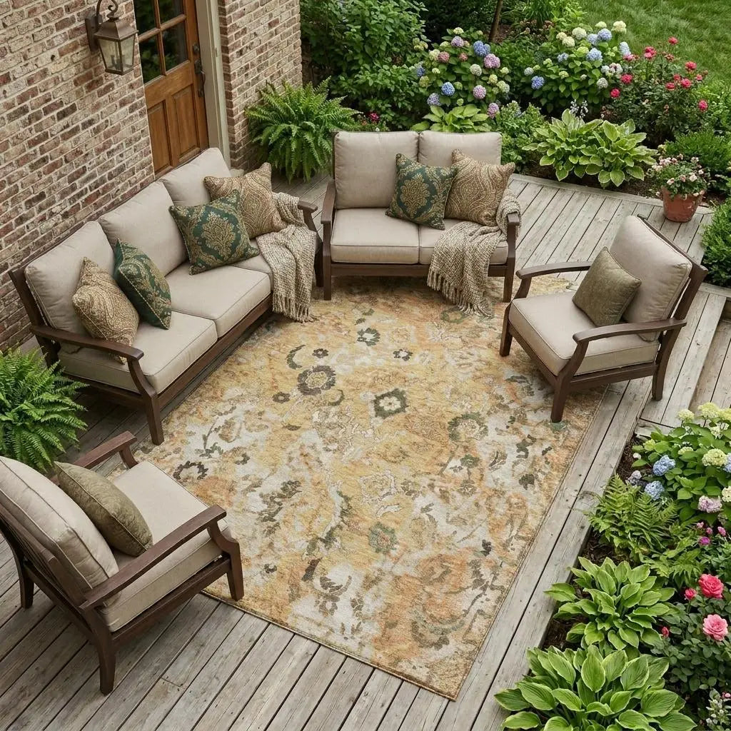 9' X 12' Copper And Orange Floral Washable Indoor Outdoor Area Rug Homeroots Outdoor
