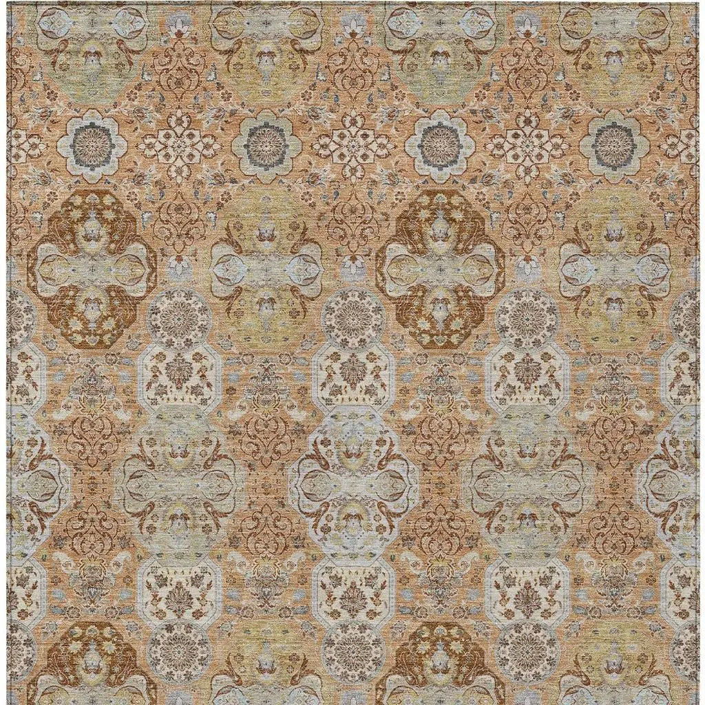 9' X 12' Copper And Orange Floral Washable Indoor Outdoor Area Rug Homeroots Outdoor