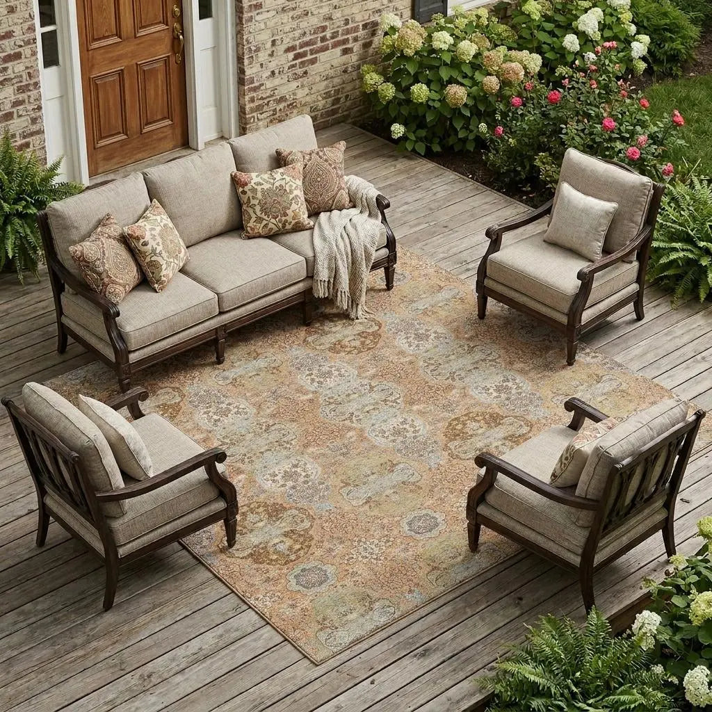 9' X 12' Copper And Orange Floral Washable Indoor Outdoor Area Rug Homeroots Outdoor