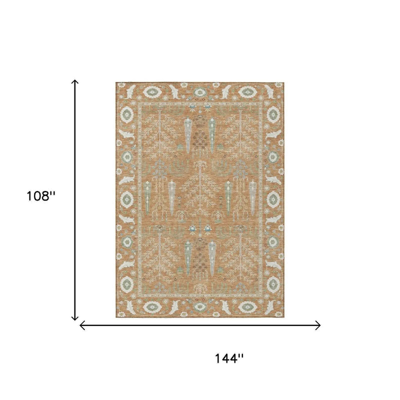 9' X 12' Copper And Orange Oriental Washable Indoor Outdoor Area Rug Homeroots Outdoor