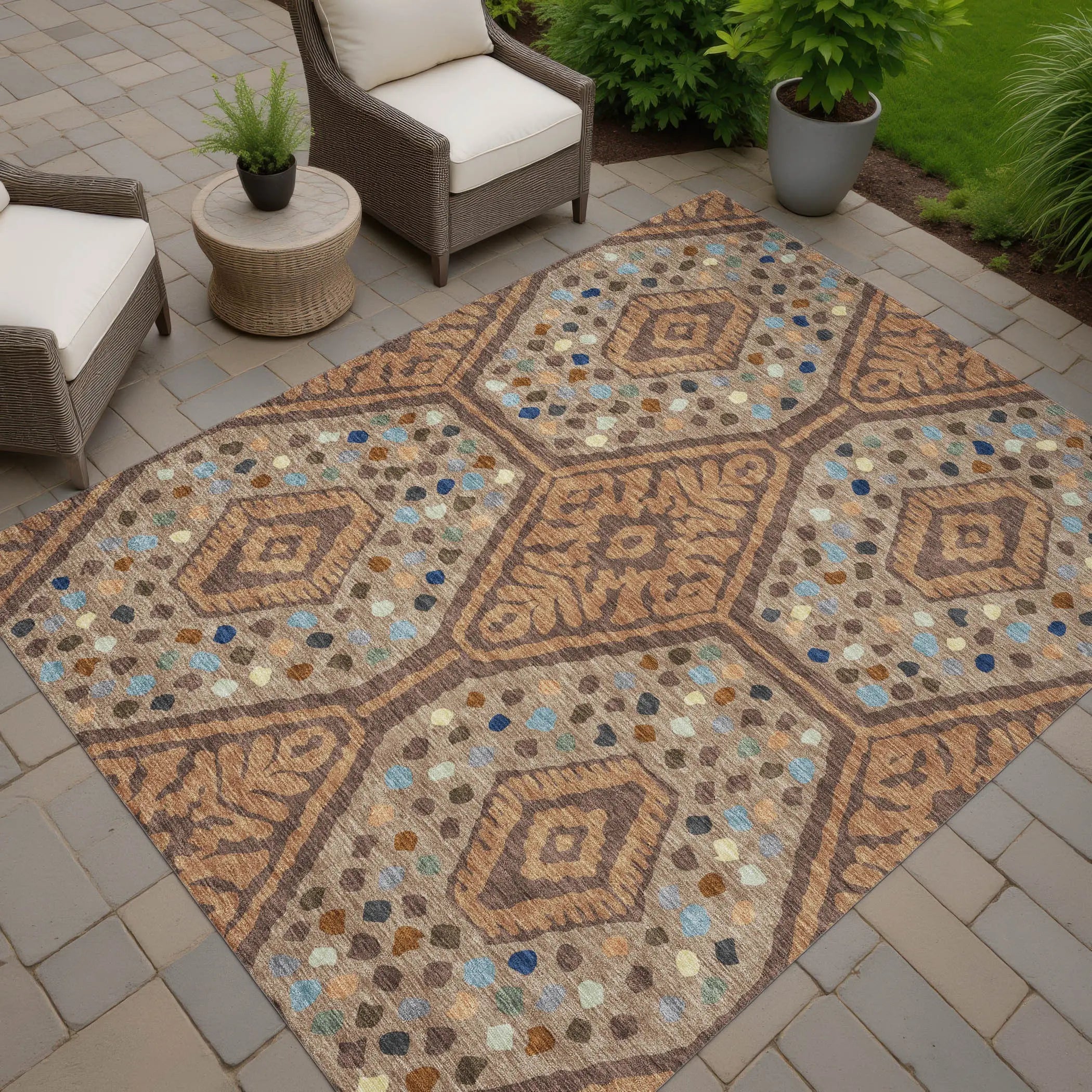 9' X 12' Copper And Orange Tribal Washable Indoor Outdoor Area Rug Homeroots Outdoor