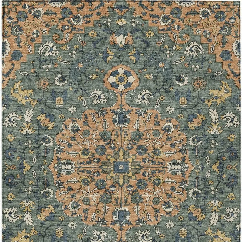 9' X 12' Copper And Sage Floral Medallion Washable Indoor Outdoor Area Rug Homeroots Outdoor