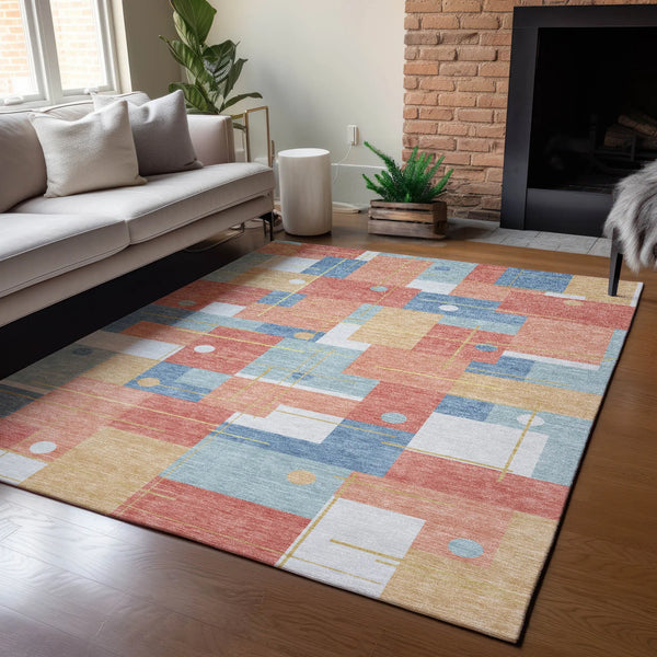 9' X 12' Coral And Brown Geometric Washable Indoor Outdoor Area Rug Homeroots Outdoor