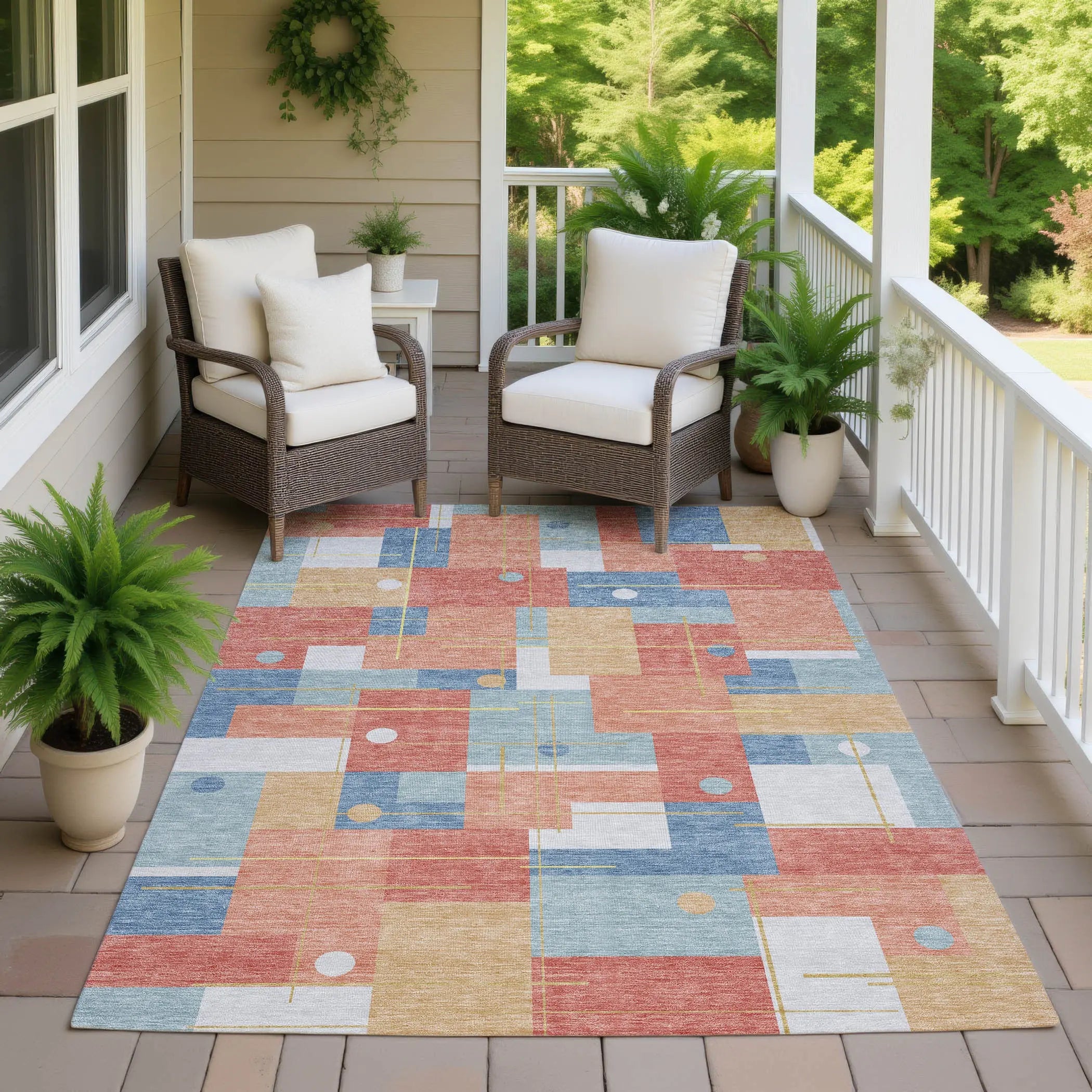 9' X 12' Coral And Brown Geometric Washable Indoor Outdoor Area Rug Homeroots Outdoor