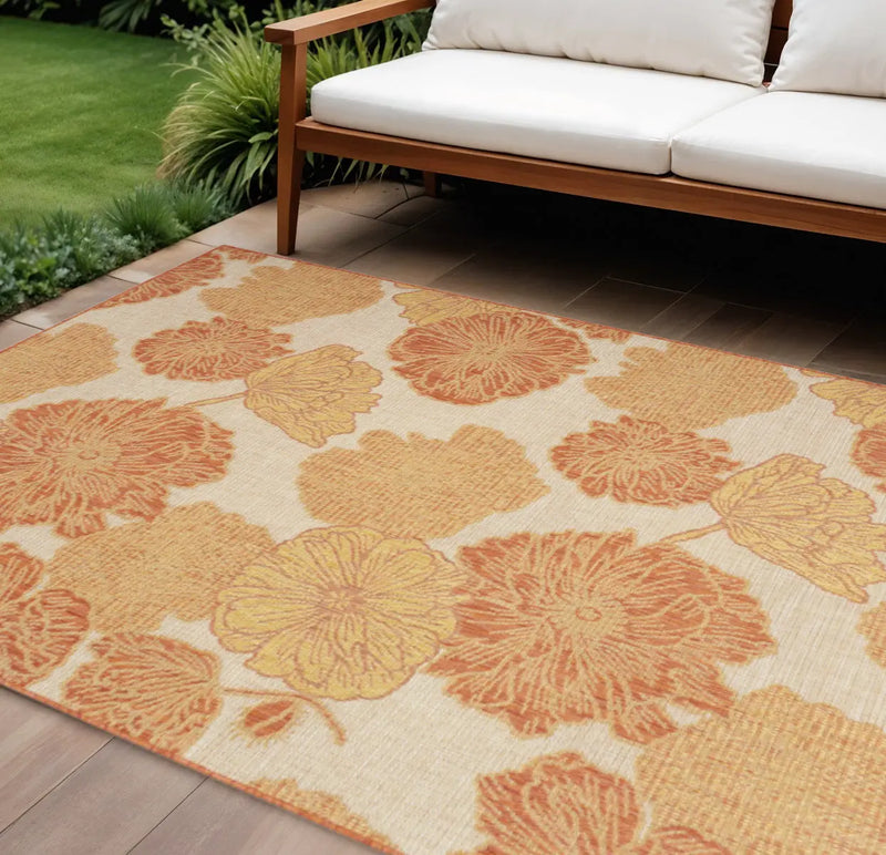 9' X 12' Coral And Ivory Floral Indoor Outdoor Area Rug Homeroots Outdoor