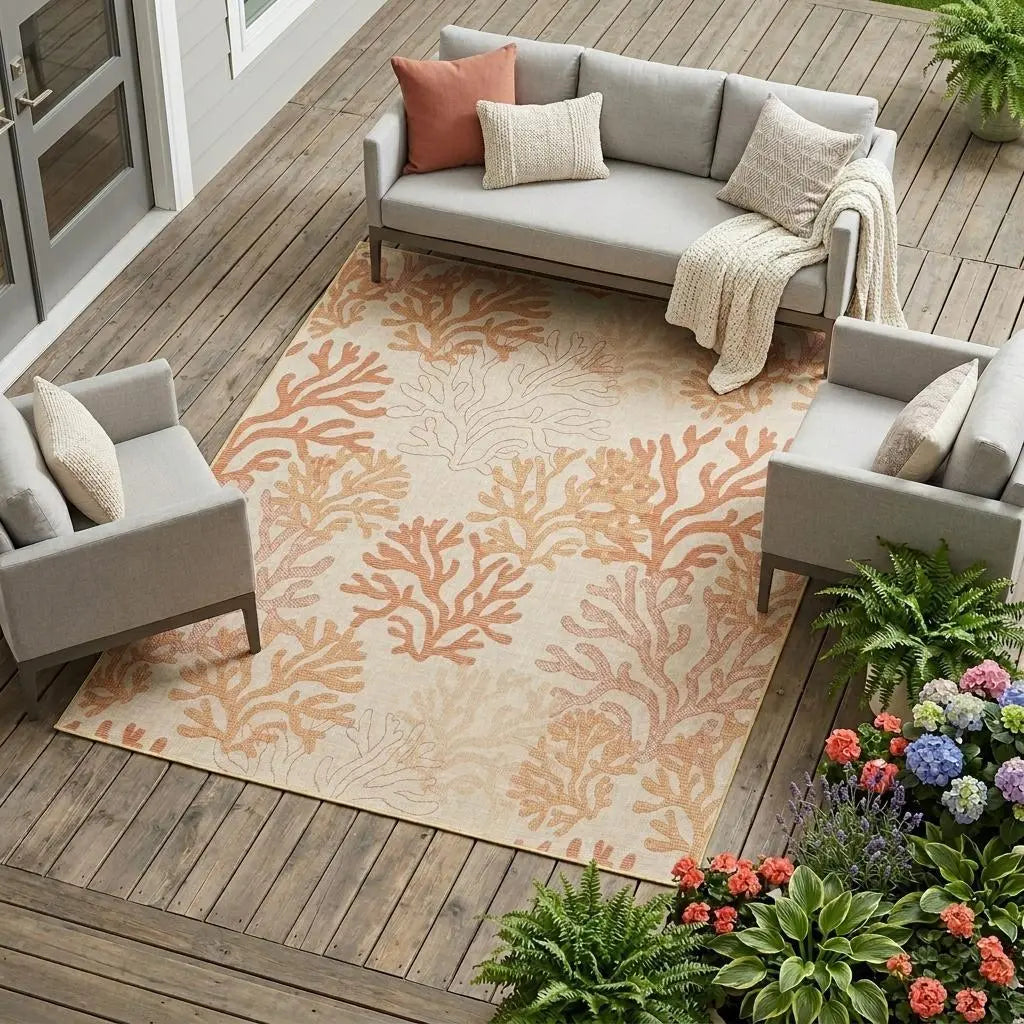 9' X 12' Coral And Ivory Nautical Indoor Outdoor Area Rug Homeroots Outdoor