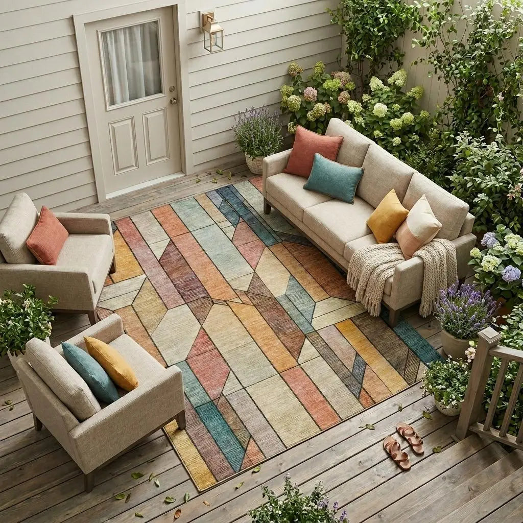 9' X 12' Coral And Orange Geometric Washable Indoor Outdoor Area Rug Homeroots Outdoor