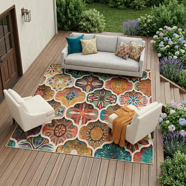 9' X 12' Coral And Orange Ogee Washable Indoor Outdoor Area Rug Homeroots Outdoor
