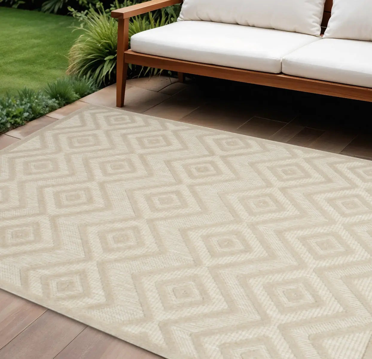 9' X 12' Cream And Beige Geometric Indoor Outdoor Area Rug Homeroots Outdoor
