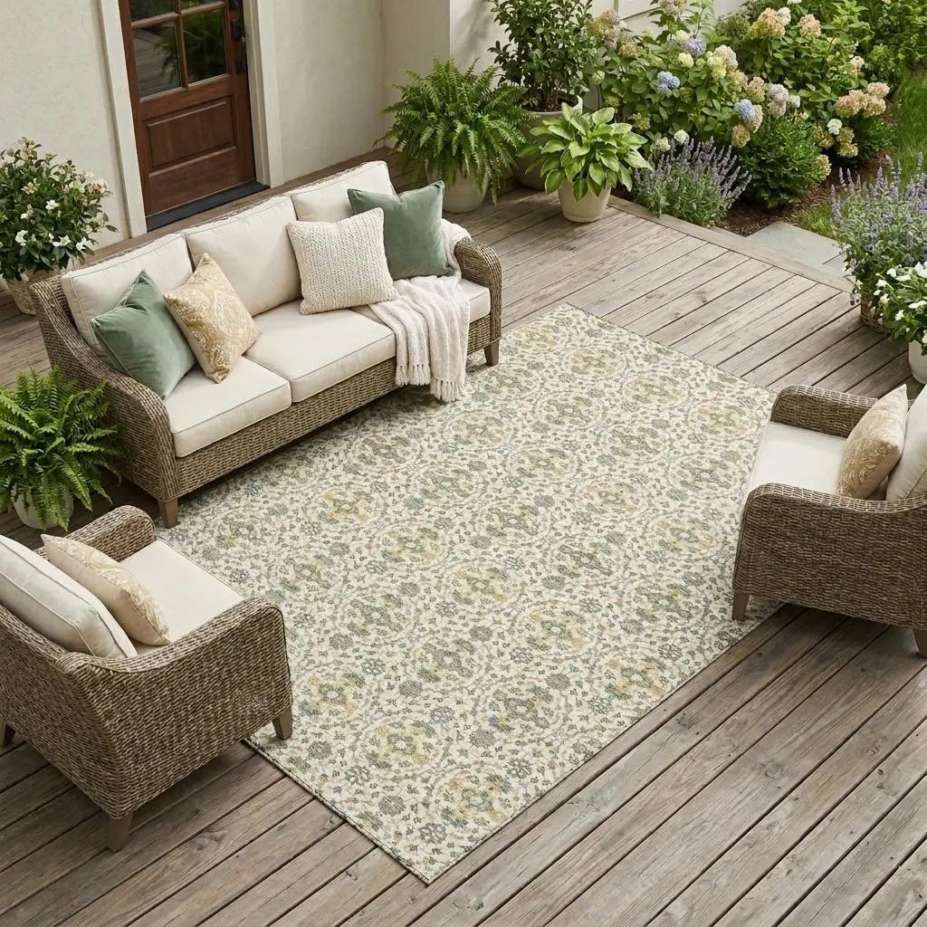 9' X 12' Cream And Ivory Oriental Washable Indoor Outdoor Area Rug Homeroots Outdoor