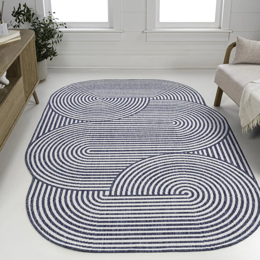 9' X 12' Cream And Navy Blue Abstract Indoor Outdoor Area Rug Homeroots Outdoor