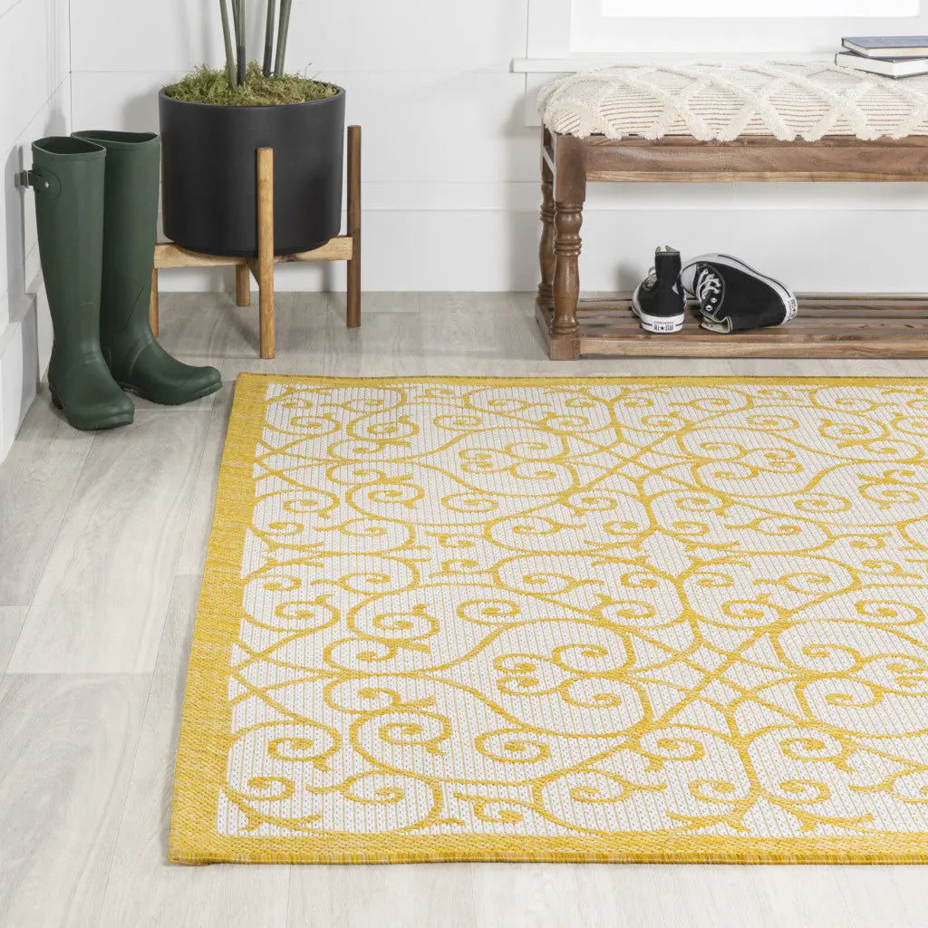 9' X 12' Cream And Yellow Geometric Indoor Outdoor Area Rug Homeroots Outdoor
