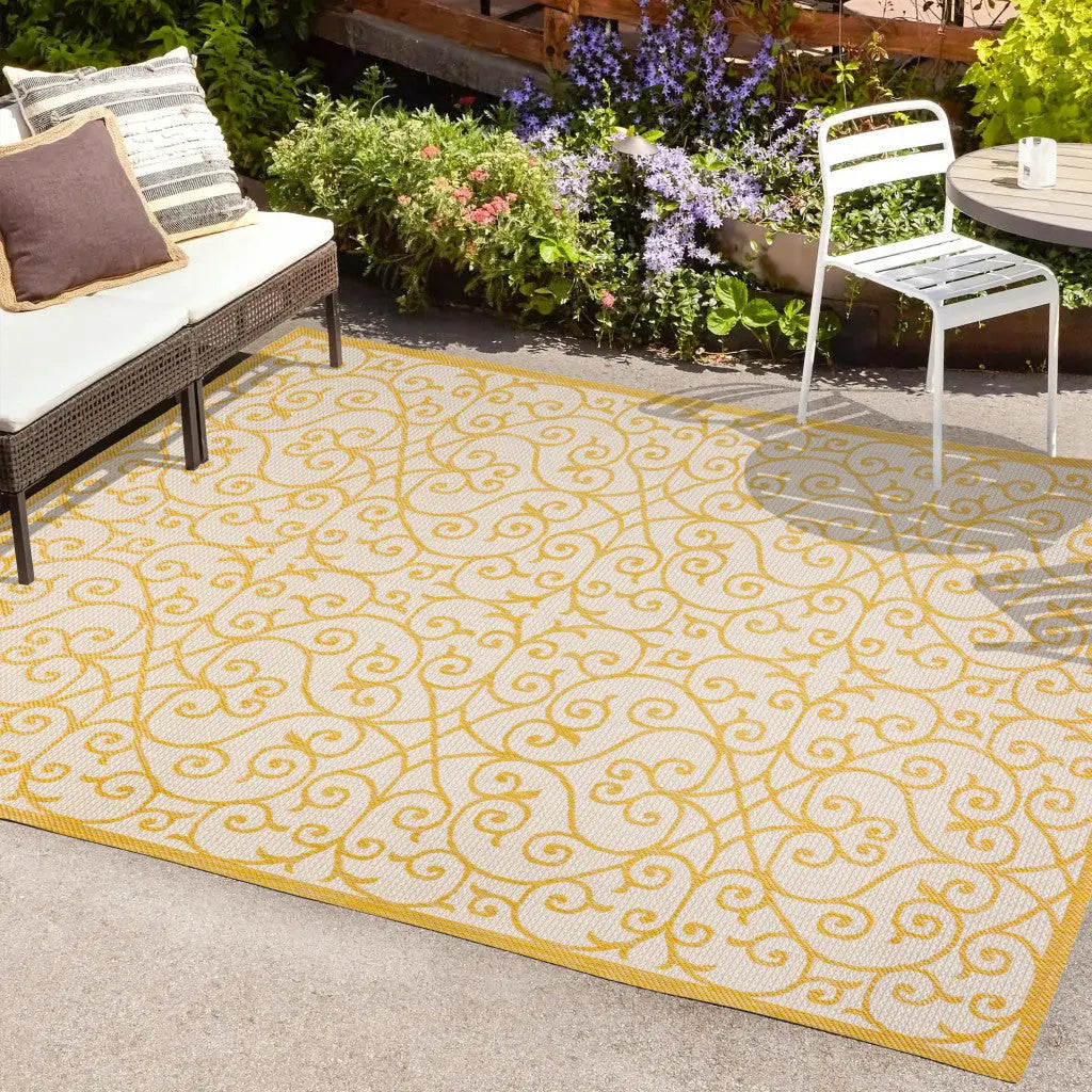 9' X 12' Cream And Yellow Geometric Indoor Outdoor Area Rug Homeroots Outdoor
