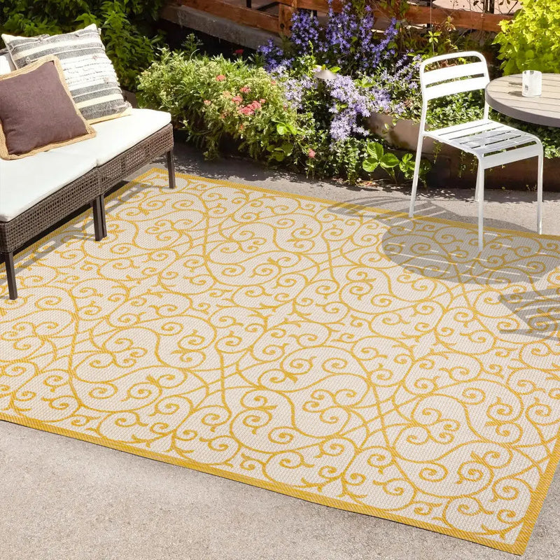 9' X 12' Cream And Yellow Geometric Indoor Outdoor Area Rug Homeroots Outdoor