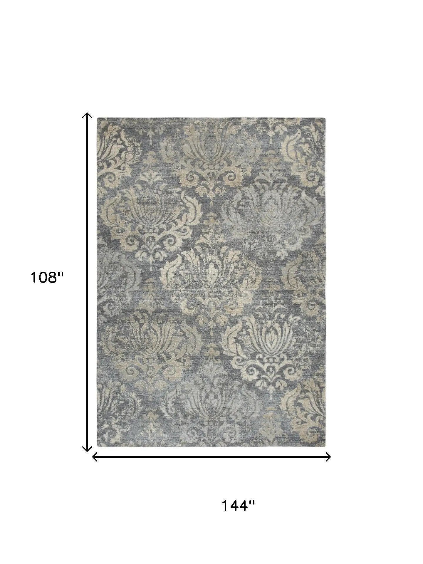 9' X 12' Dark Gray And Tan New Zealand Lambs Wool Damask Hand Carved Handmade Area Rug Homeroots Home Decor