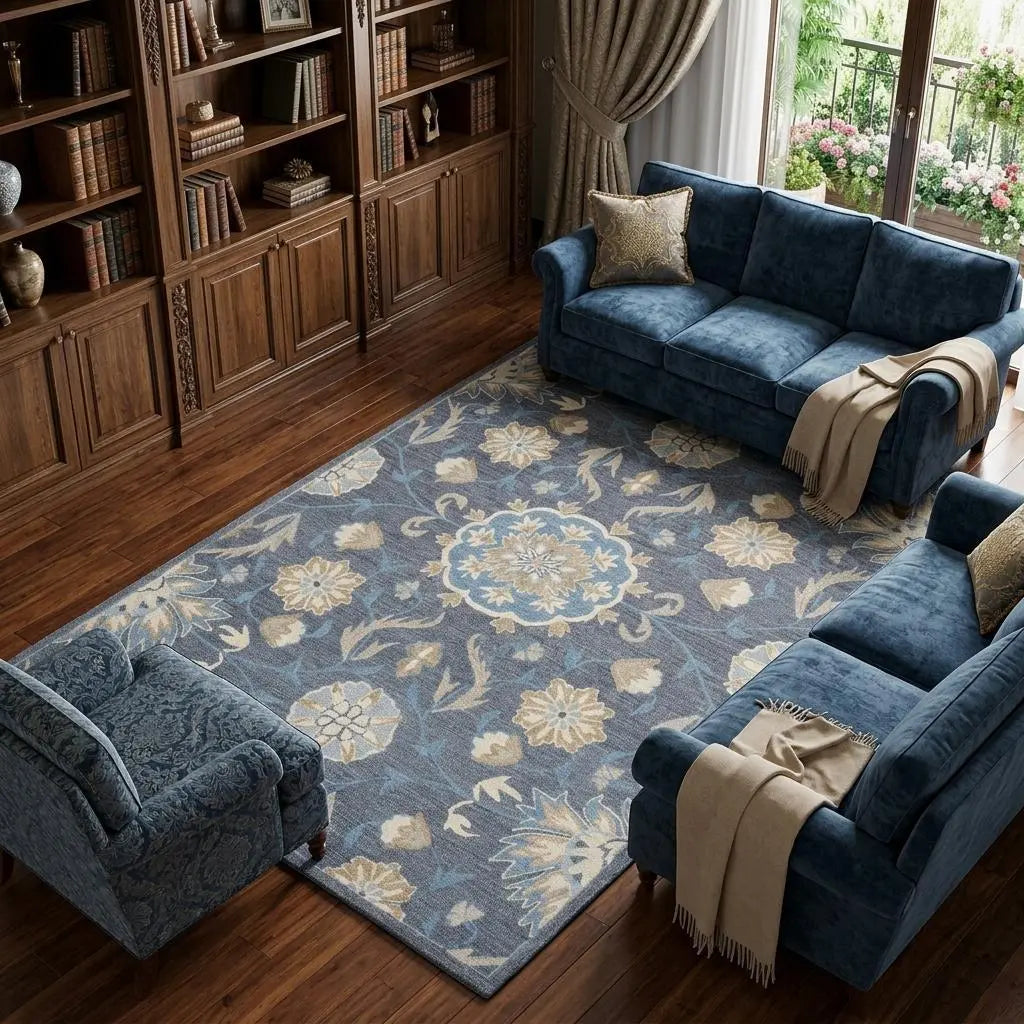 9' X 12' Dark Gray Blue And Tan Wool Floral Hand Tufted Area Rug Homeroots Home Decor